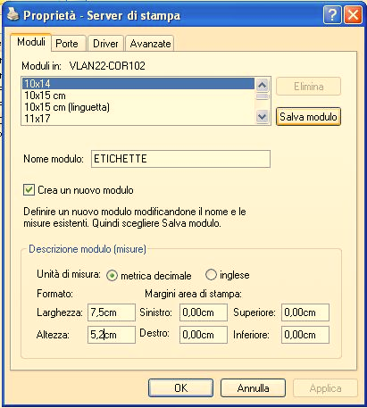 Spuntare la selezione Crea un nuovo modulo, digitare come nome modulo ETICHETTE, impostare in Descrizione modulo (misure)