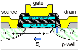 Programmazione della cella INIEZIONE DI ELETTRONI CALDI DI CANALE Valori tipici delle tensioni applicate: VD = 5 V, VG = 10 V, VS = VB = 0 V Massima corrente di canale: 500 µa Gli elettroni che