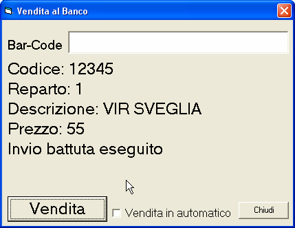 I codici dei prodotti devono essere digitati nella casella Bar-Code cliccando sul bottone Vendita, oppure premendo invio dopo aver abilitato la vendita automatica 14.