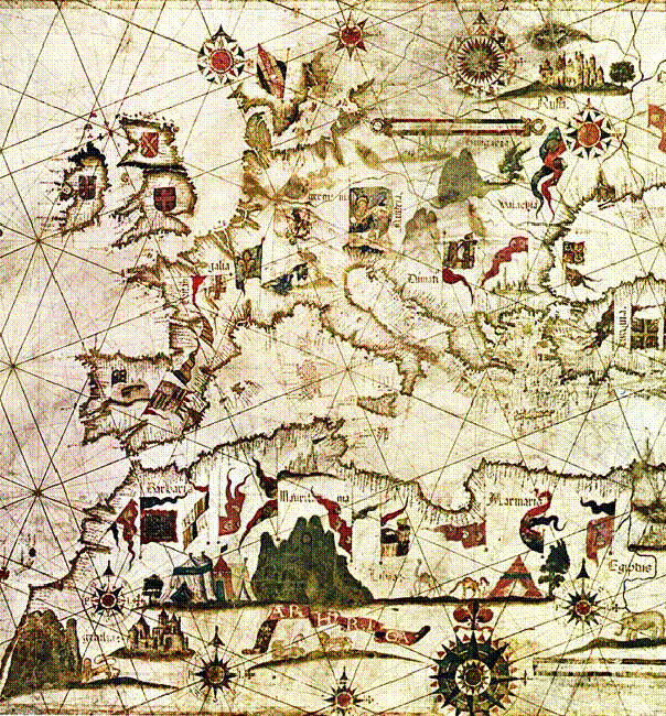 Un esempio di portolano di Diego Homem, XVI secolo: raffigura Europa e Africa settentrionale.
