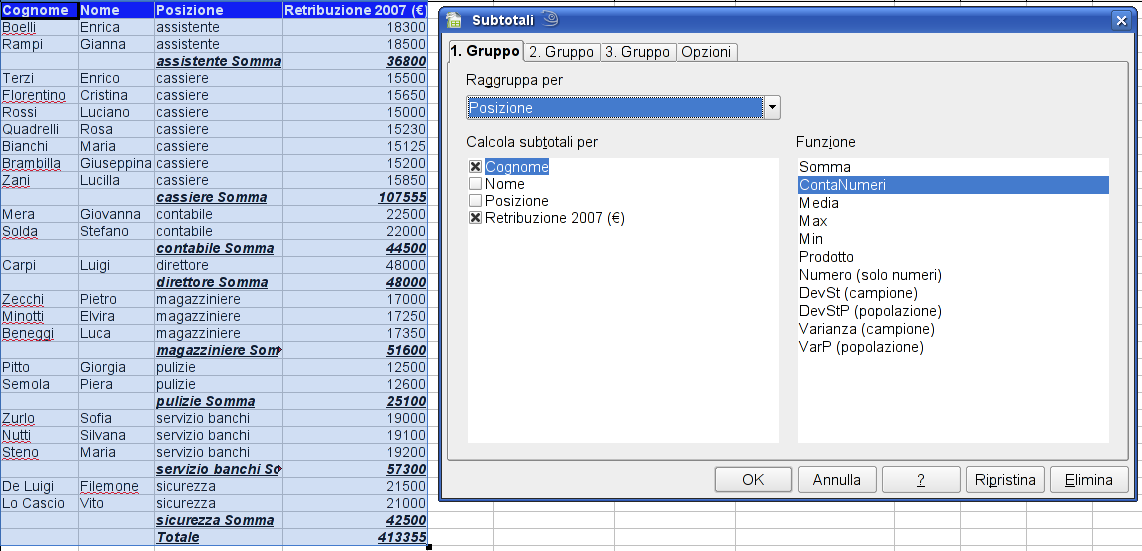 50 AM4 Foglio elettronico livello avanzato Figura 4.61 Applicazione dei subtotali con funzione Somma, al campo Retribuzione 2007 ( ) Figura 4.