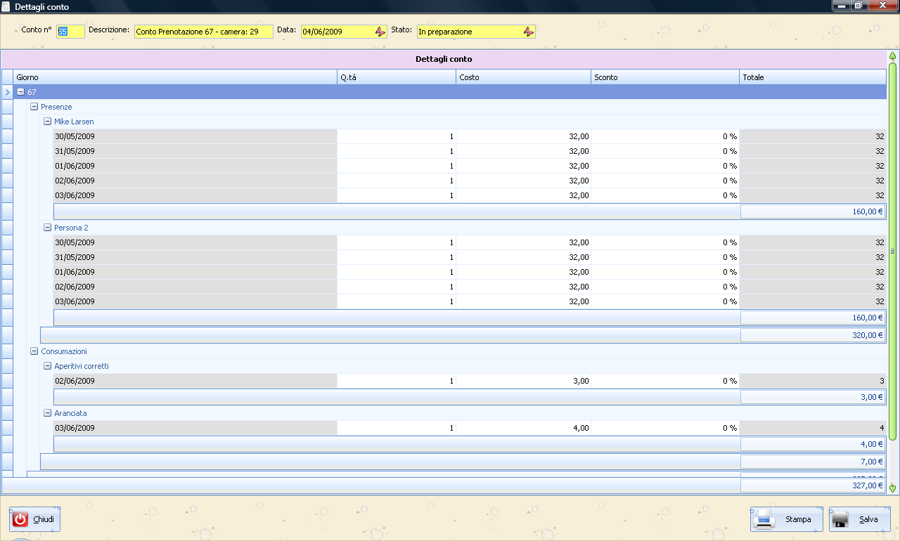 CREARE UN CONTO Dalla scheda prenotazione cliccare su Prepara conto, verrà presentata il dettaglio del conto:
