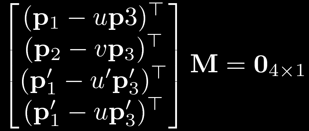 Triangolazione Consideriamo la triangolazione nel caso in cui conosciamo: coordinate di 2 punti coniugati (generati dallo stesso punto 3D) matrici di proiezione prospettica (MPP) delle due fotocamere.