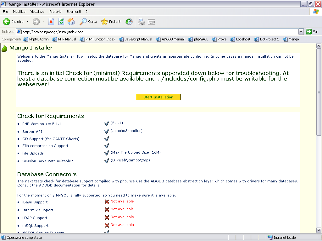 Figura 1.1: PMango Installation: Check for Requirements Passo 4: Cliccare su 'Start Installation'. Passo 5: a questo punto sarà visibile la pagina delle impostazioni del database come in Figura 1.2.