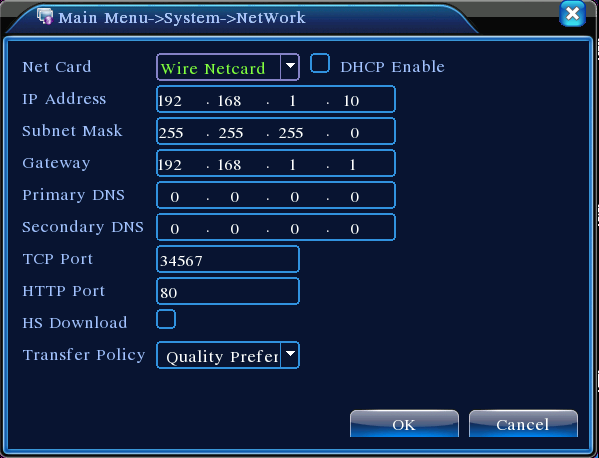 4 Impostazioni di rete Vai su Main Menu > System Settings > Network Settings. IP address :default è 192.168.1.10; Subnet Mask :default è 255.255.255.0; Default Gateway :default è 192.168.1.1. Pic.