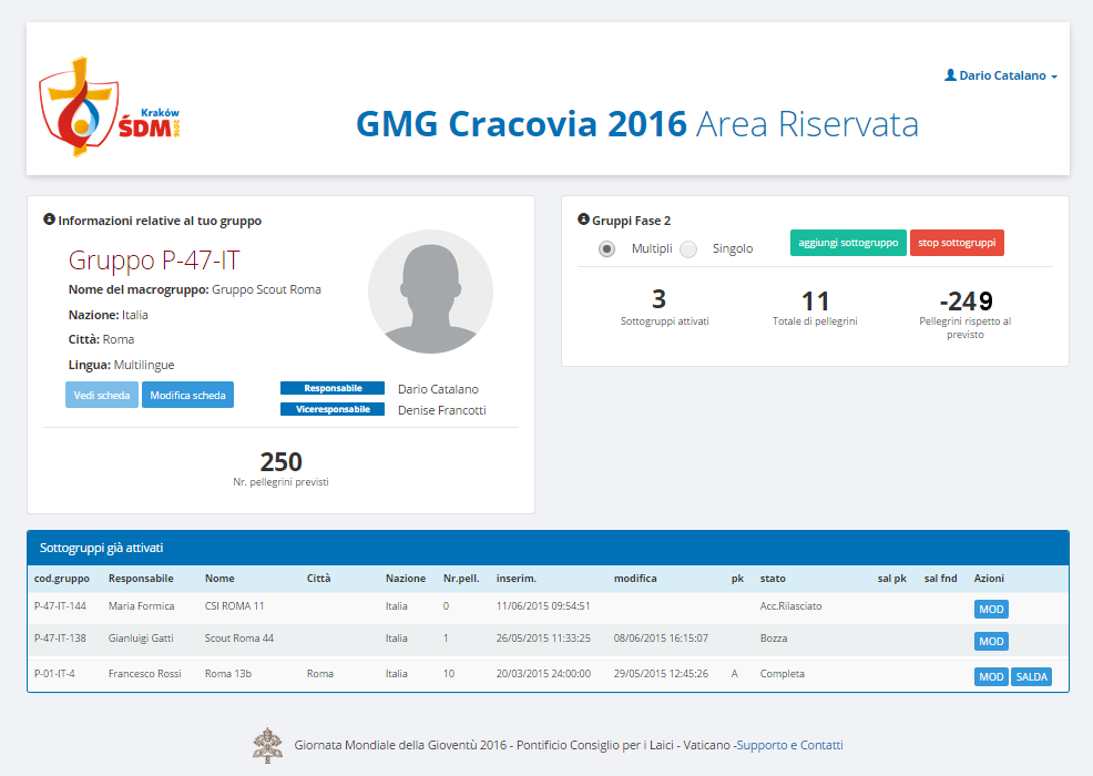 Al termine di questa prima fase di iscrizione, verrà rilasciato un account con cui il responsabile (o il viceresponsabile) del gruppo potrà accedere a un area riservata per poter completare o