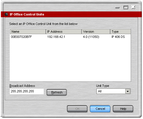 5 Selezione di un'unità di controllo IP Office diversa Quando si fa clic sul pulsante Sfoglia nella finestra Login, viene visualizzata la finestra Unità di controllo IP Office.