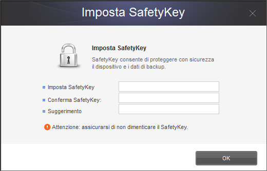 Capitolo 1 Operazioni preliminari per l'uso di Samsung Drive Manager Impostazione del SafetyKey SafetyKey è una chiave crittografata per la protezione dei dati dei backup.
