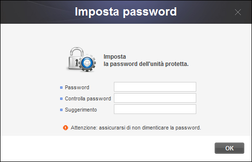 Capitolo 1 Operazioni preliminari per l'uso di Samsung Drive Manager [Immagine] Schermata di impostazione della password per l'unità protetta 8. Immettere la password nel campo corrispondente. 9.