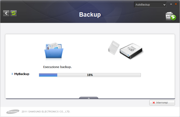 Capitolo 2 Uso di Samsung Drive Manager Avanzamento del backup, del ripristino e dell'eliminazione In questa schermata è visualizzato l'avanzamento del backup, del ripristino o dell'eliminazione.