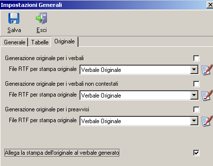 La scheda Orignale permette di generare in fase di scarico anche il verbale originale (gestione poco utilizzata in quanto spesso i comandi pm utilizzano