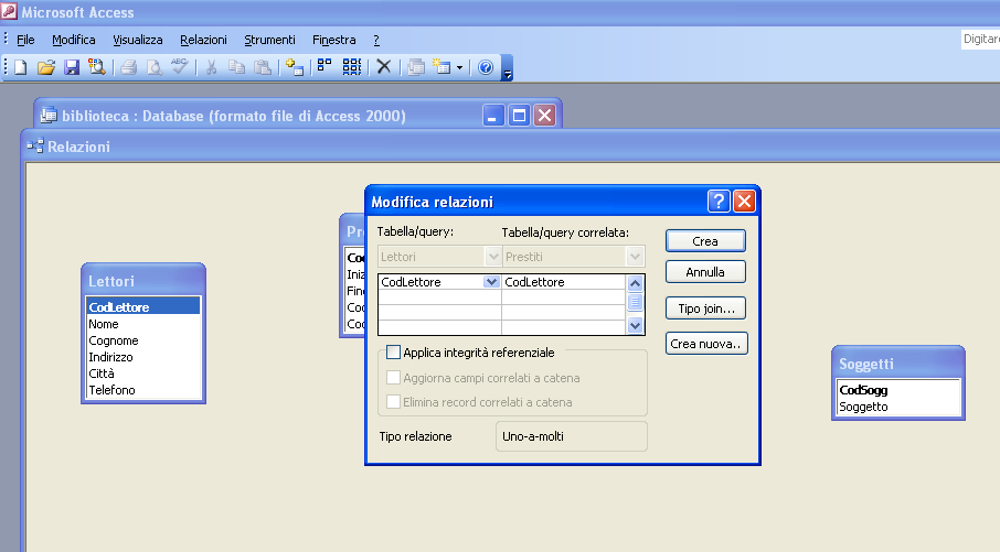 Creare una Relazione (1/3) Per creare una relazione tra i campi di due tabelle diverse: Selezionare con il mouse il primo campo