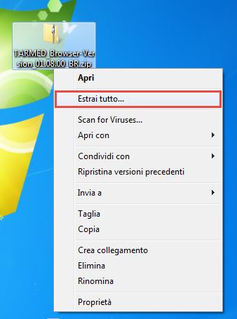 Si aprirà la seguente finestra. Selezionate Estrai (evidenziato in rosso): Attenzione: deve essere estratta solo la cartella TARMED_Browser-Version_1.08.00_BR.zip, mentre il file tarmed_data.