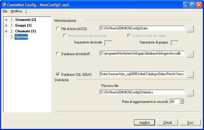 5.5. Opzioni LSI LASTEM CommNet Manuale utente Nelle Opzioni del programma è possibile scegliere il formato di memorizzazione dei dati con i percorsi dei relativi file (per il database di InfoGAP è