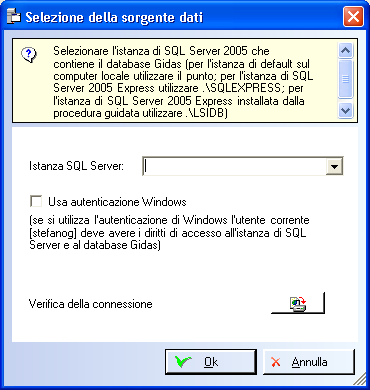 manuale di questo programma. Per generare la stringa di connessione premere il pulsante visualizzerà al finestra di connessione al database Gidas.