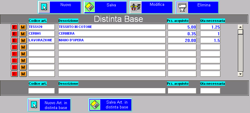 20. Magazzino Distinta Base Nel caso in cui l articolo da inserire in archivio rappresenta una Distinta Base (vedi paragrafo precedente), sarà visibile a schermo un ulteriore modulo in cui sarà