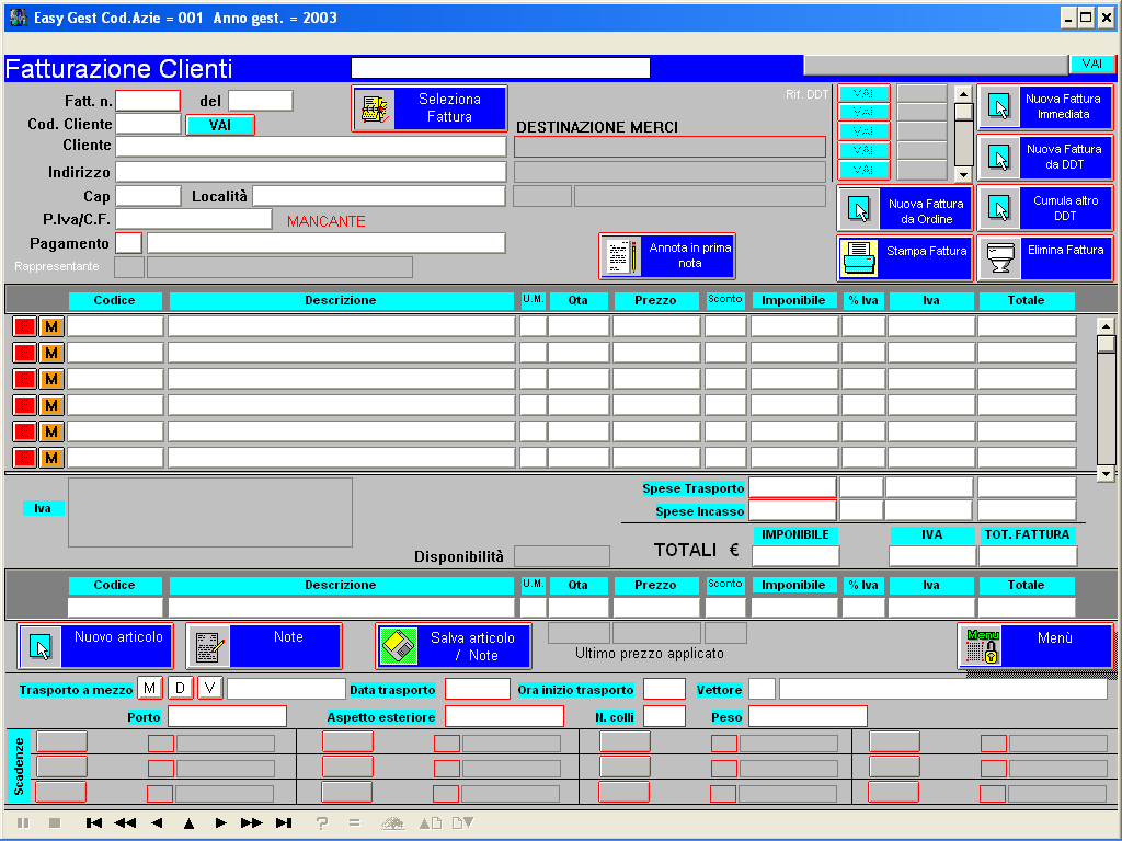 28. Clienti Fatture In questo modulo possono essere create le fatture di vendita [E] Per eliminare un articolo dalla fattura [M] Per modificare un articolo [Nuova Fattura Immediata] Per creare una