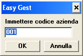 5. Avvio del programma ed altre note generali importanti Una volta lanciato il programma, una finestra di dialogo invita l utente ad inserire il codice dell azienda: il codice iniziale per accedere è