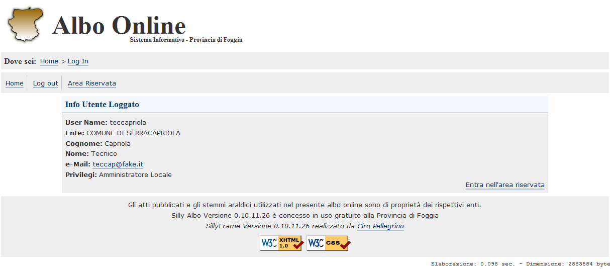 3. Se il sistema ci ha riconosciuto ci presenterà le nostre informazioni di log in,