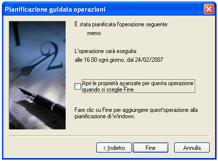 Fig 10: impostazione orario di avvio operazione pianificata In questa finestra possiamo operare ulteriori scelte per l'esecuzione dell'operazione; io ho semplicemente impostato l'ora di avvio alle 16.