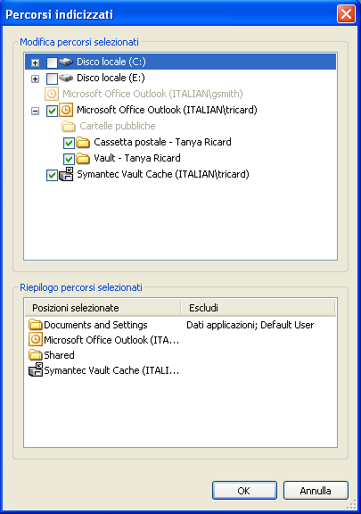 20 Impostazione di Enterprise Vault Configurazione di Windows Search Virtual Vault Vault Cache 3 Nell'elenco Cambia posizioni selezionate, verificare che la voce relativa al Virtual Vault in uso sia