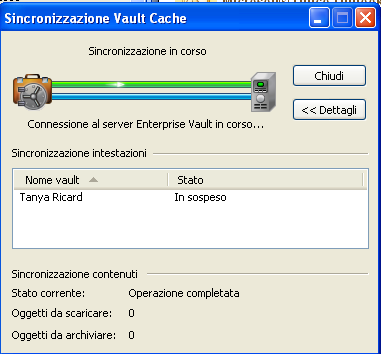 38 Gestione dell'archiviazione con Enterprise Vault Sincronizzazione del Vault Cache Nota: La sincronizzazione rimane sospesa anche se si arresta e si riavvia Outlook, fino a quando non si sceglie di