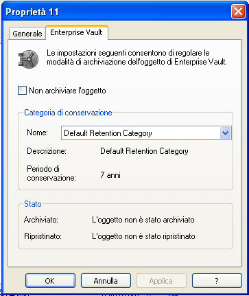 44 Gestione dell'archiviazione con Enterprise Vault Sospensione o attivazione dell'archiviazione per la cassetta postale 3 Nella finestra di dialogo Proprietà, fare clic sulla scheda Enterprise Vault.