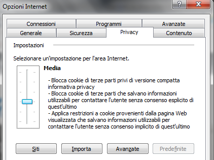 Personalizzare le impostazioni dei cookie È possibile bloccare o consentire la memorizzazione dei cookie nella scheda Privacy della finestra Opzioni internet.