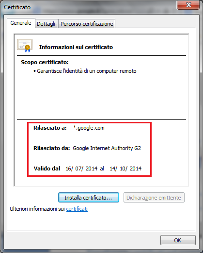 Con un clic su Visualizza certificati appaiono i dettagli della certificazione.