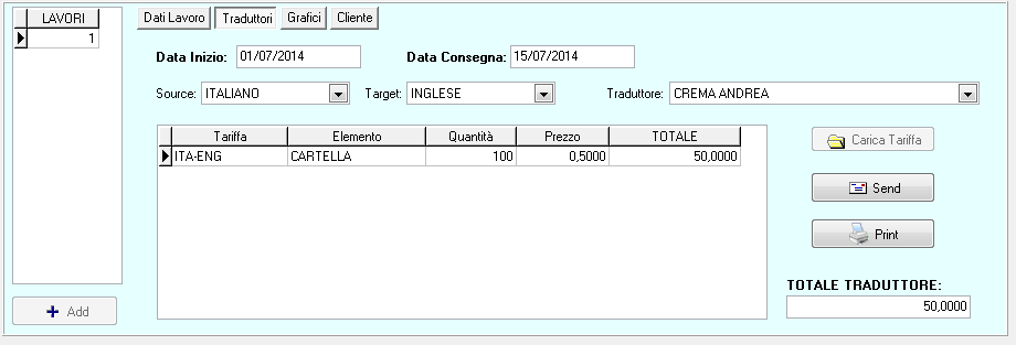 Totale Grafico Totale Cliente 7.2.3 Traduttori In questa area vengono inseriti i dati riguardanti la traduzione: Data Inizio: inizio traduzione. Data Consegna: data in cui è terminato il lavoro.