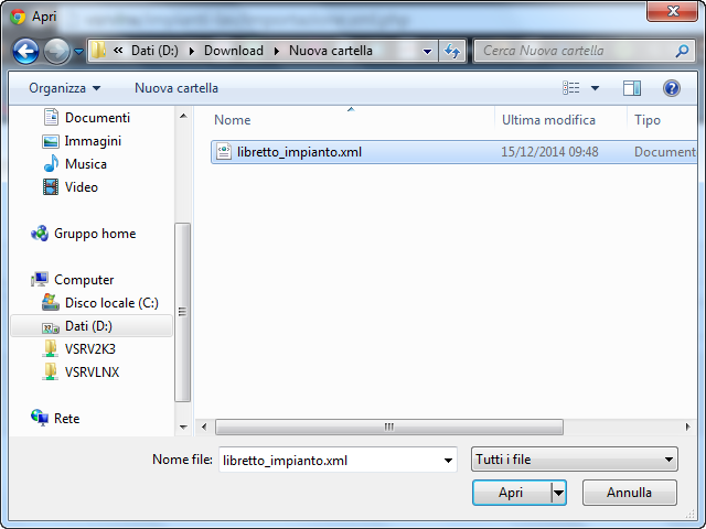 Cliccando sul pulsante potrete scegliere il file XML da importare Per poi