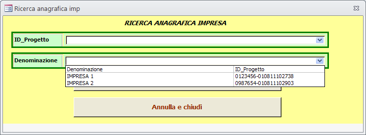 e, una volta scelto il progetto/impresa si può procedere alla compilazione dei vari campi della