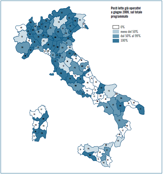 Nel 2009 la Regione con il maggior numero di posti letto per abitante era la Basilicata, dove si arrivava ad un rapporto molto elevato di 7,5 letti ogni 100.000 abitanti.