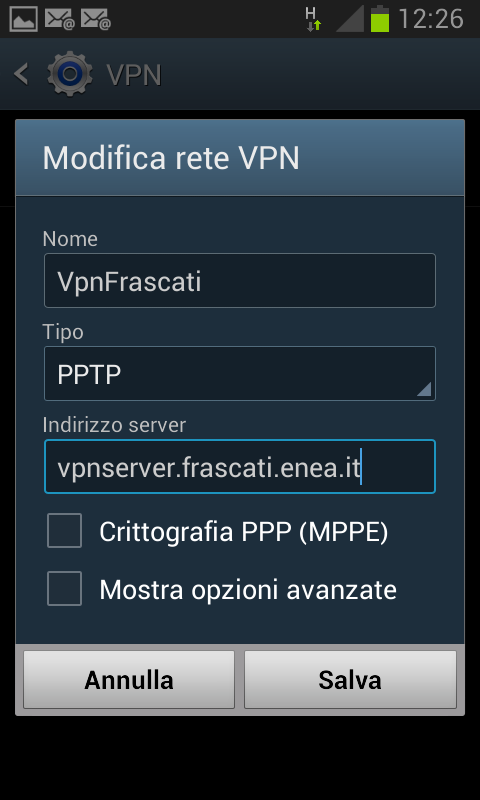 VPN Un esempio Esempio di configurazione su smartphone con SO Android 4.1.