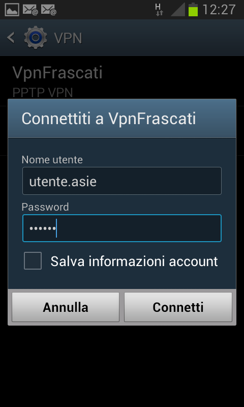 VPN Un esempio Esempio di configurazione su smartphone con SO Android 4.1.2 verranno richieste le credenziali ASIE per poter accedere in vpn.