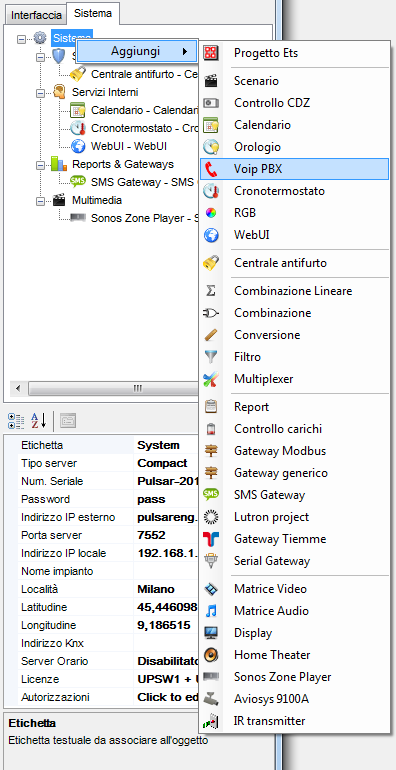 Configurazione con centralino interno L'utilizzo del centralino interno al server Thinknx implica che tutti gli interni utilizzati dai client e dalle postazioni esterne e le postazioni esterne stesse