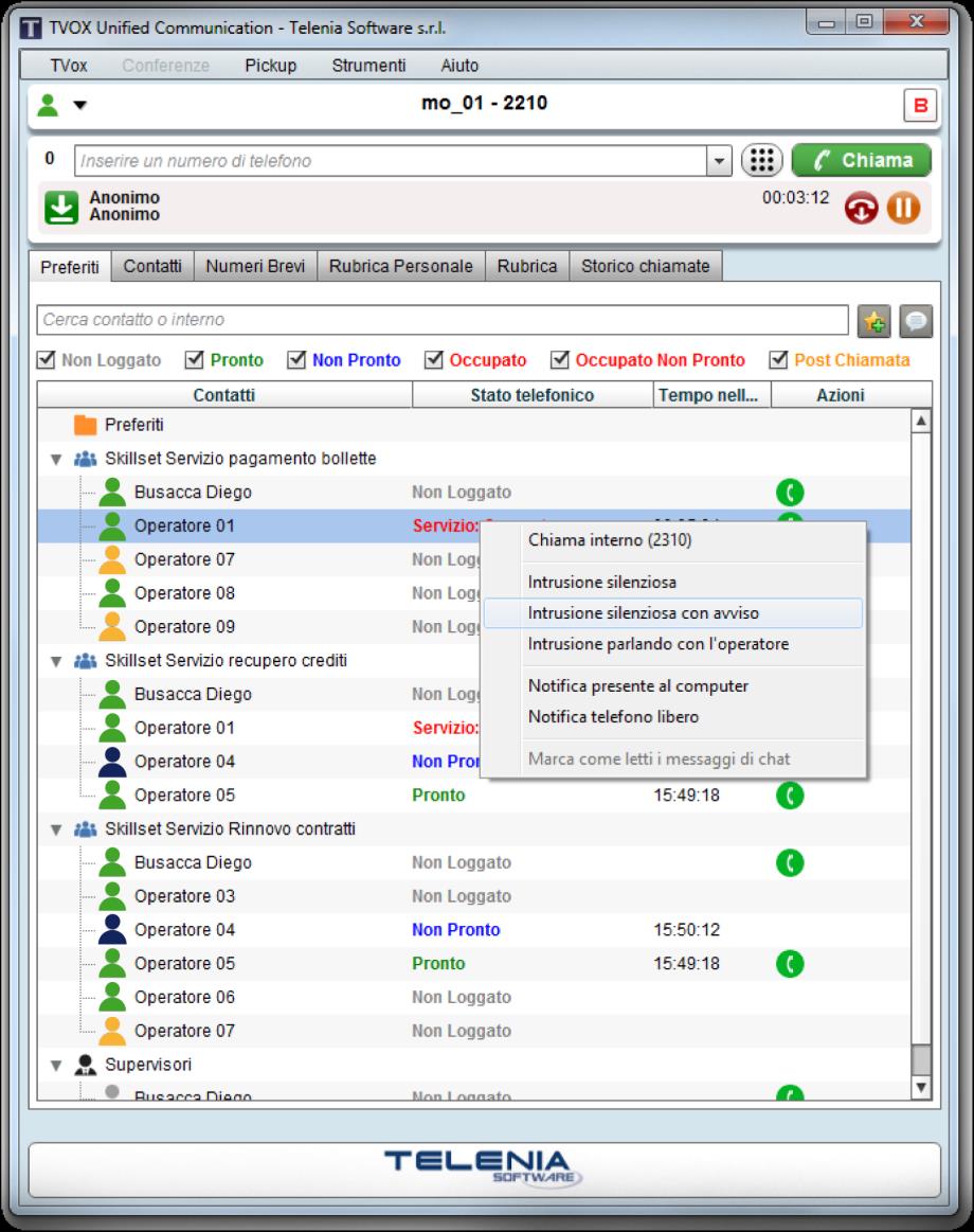 Supervisor Client Stato di Presence Operatori Stato telefonico Operatori Activity Codes Operatori Tempo nello stato Chat con singolo Operatore o Multioperatore