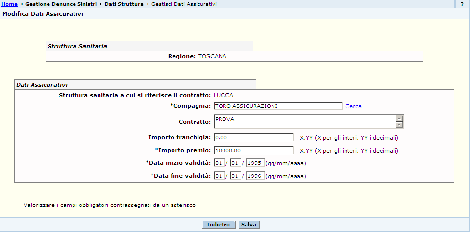 2.5.55. Descrizione dei campi della videata Modifica dati assicurativi La pagina consente la modifica dei dati assicurativi di una struttura precedentemente censiti.