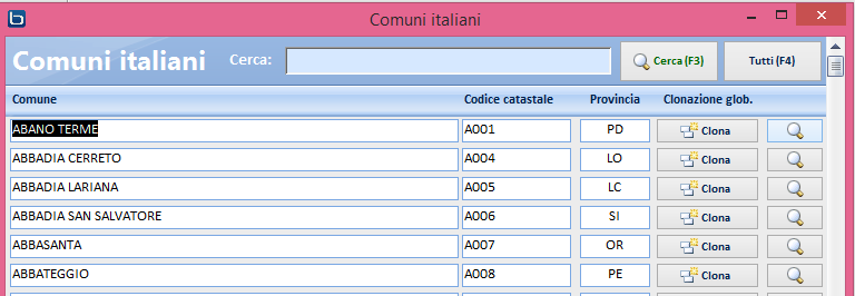 2 Clonazione globale: Ora, il programma conosce l ubicazione esatta di tutte le aziende gestite. Pertanto, possiamo clonare le aliquote IMU/TASI di ciascun comune gestito.