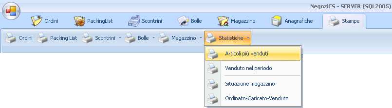 STAMPA ARTICOLI PIU VENDUTI La voce Articoli più venduti della sezione Stampe/Statistiche permette di evidenziare gli articoli più venduti in ciascun negozio selezionato.