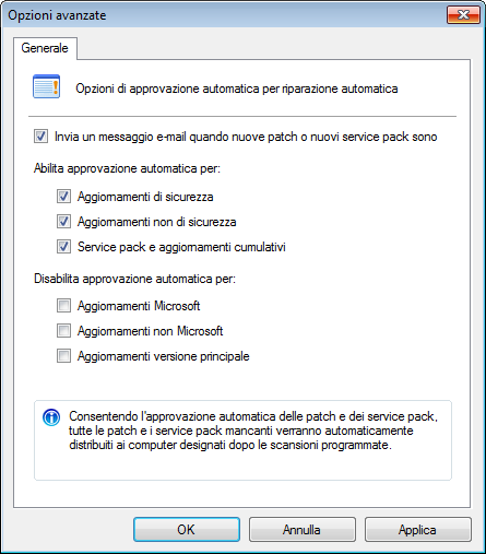 Schermata 71: Opzioni avanzate di distribuzione automatica delle patch 3.