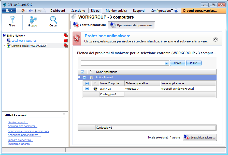 Schermata 96: Protezione antimalware Per rimediare le vulnerabilità di protezione antimalware: 1. Selezionare la scheda Ripara> Centro riparazioni e fare clic su Protezione antimalware. 2.