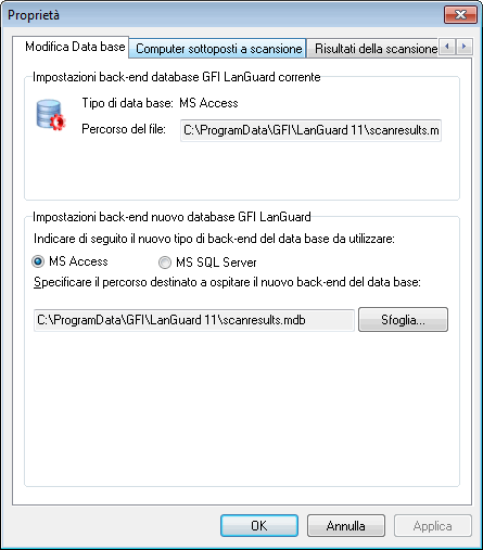 11.2.1 Utilizzo di Microsoft Access come backend del database GFI LanGuard supporta i backend del database basati su Microsoft Access e Microsoft SQL Server (2000 o successivo).