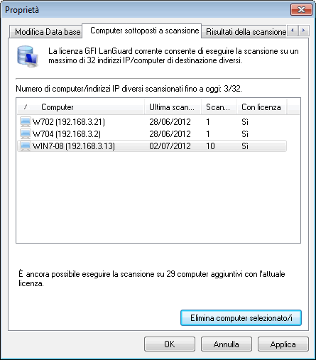 Schermata 113: Proprietà manutenzione del database: scheda Gestisci risultati della scansione salvati Per gestire i risultati della scansione salvati: 1.