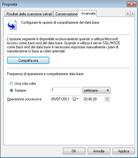 Schermata 114: Proprietà manutenzione del database: scheda Avanzate Per compattare e riparare un back-end del database Microsoft Access: 1.