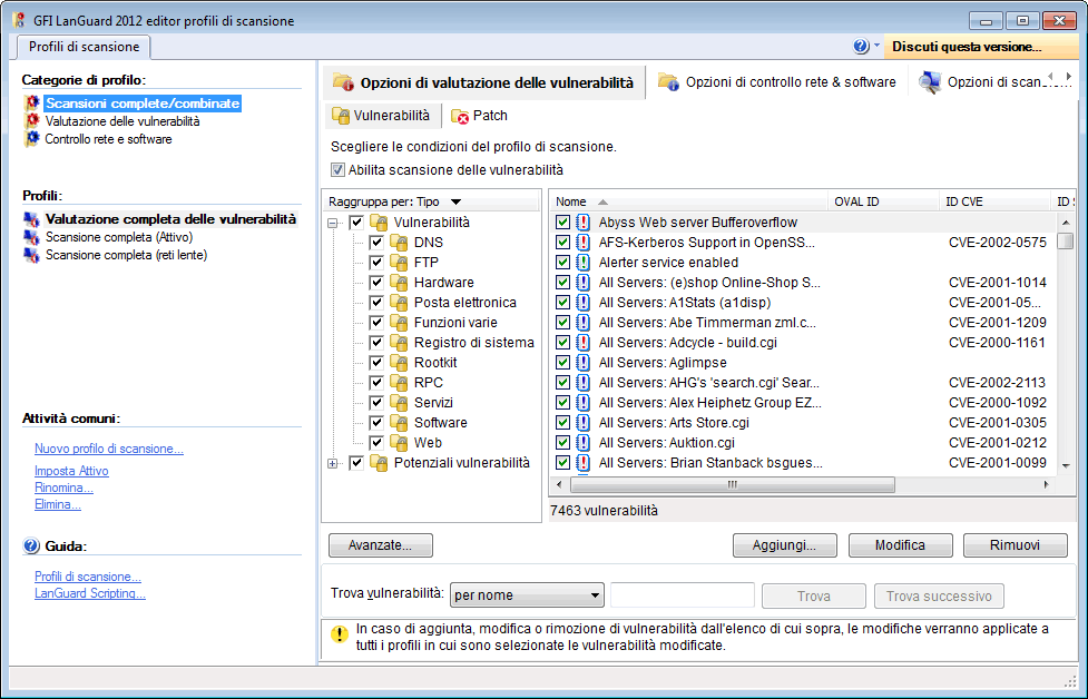 12 Editor dei profili di scansione I profili di scansione forniti con GFI LanGuard sono stati preconfigurati per l'esecuzione di una serie di controlli di vulnerabilità sulla destinazione selezionata.