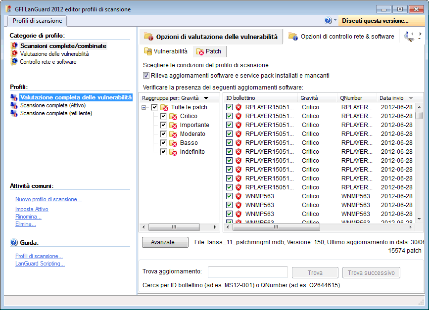 aggiornato ogni volta che GFI rilascia un nuovo aggiornamento di un file di definizione di una patch mancante per GFI LanGuard.