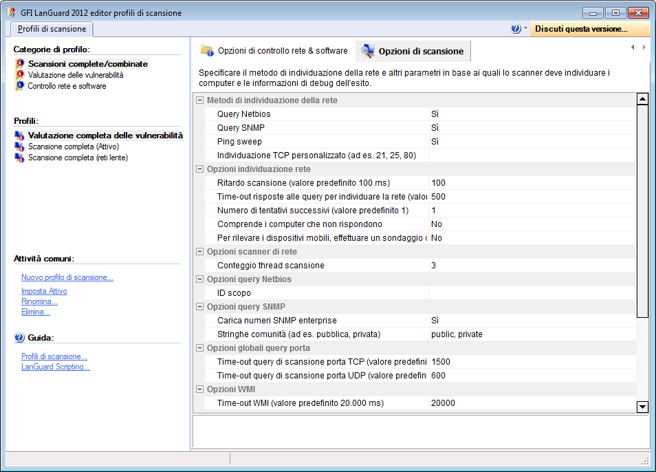 Schermata 137: Proprietà Profili di scansione: scheda Opzioni scanner Le opzioni configurabili comprendono time-out, tipi di query da eseguire durante il controllo delle destinazioni, numero di