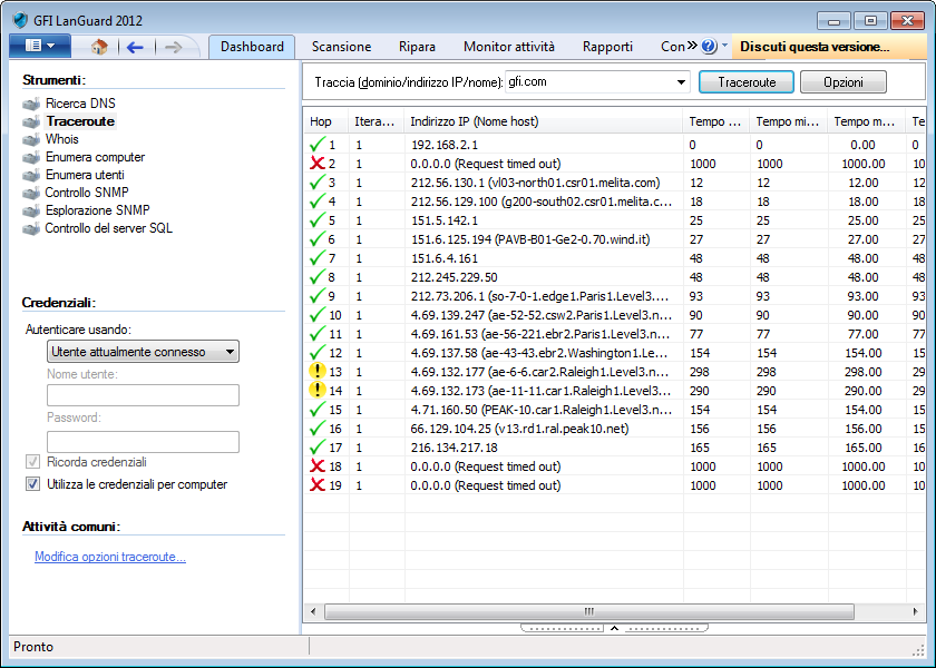 13.2 Traceroute Traceroute identifica il percorso seguito da GFI LanGuard per raggiungere un computer di destinazione. Schermata 140: Strumento Traceroute Per utilizzare lo strumento traceroute: 1.