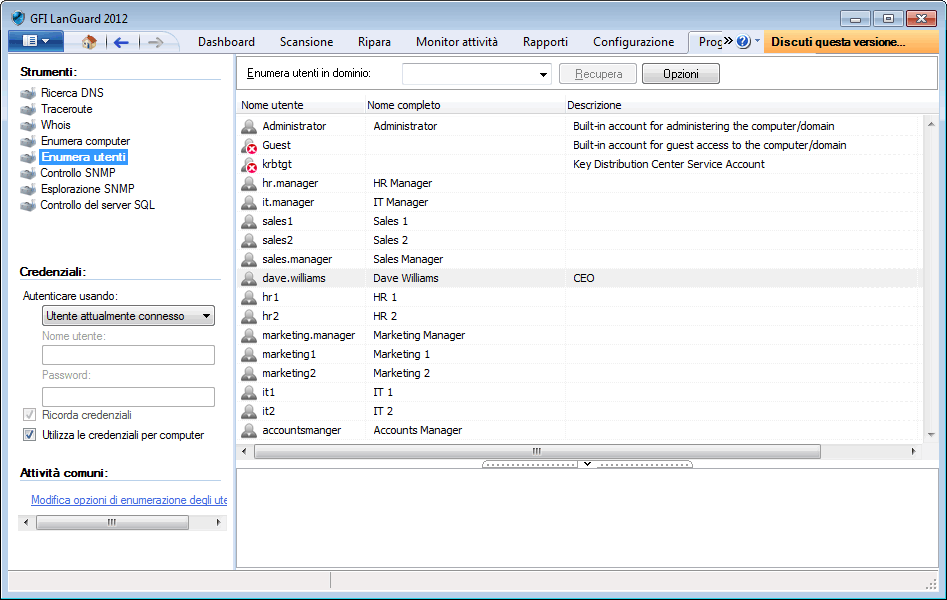 13.5 Enumera utenti Schermata 143: Finestra di dialogo dello strumento Enumera utenti Per eseguire la scansione di Active directory e recuperare l'elenco di tutti gli utenti e i contatti inclusi in